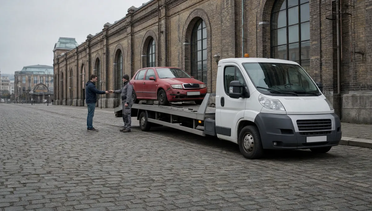 Odtahový vůz nakládá Škodu Fabii u cihlové tržnice v Holešovicích