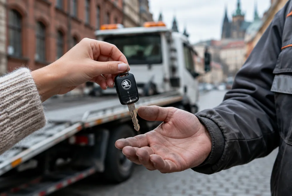 Majitelka předává řidiči odtahovky jen klíček od Škody, doklady si nechává