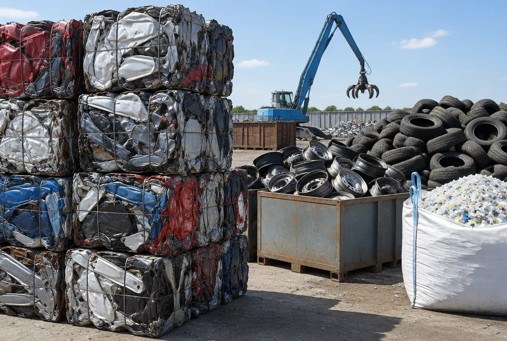 Slisované karoserie, ocelová kola, pneumatiky a drcený plast v areálu zpracovatele