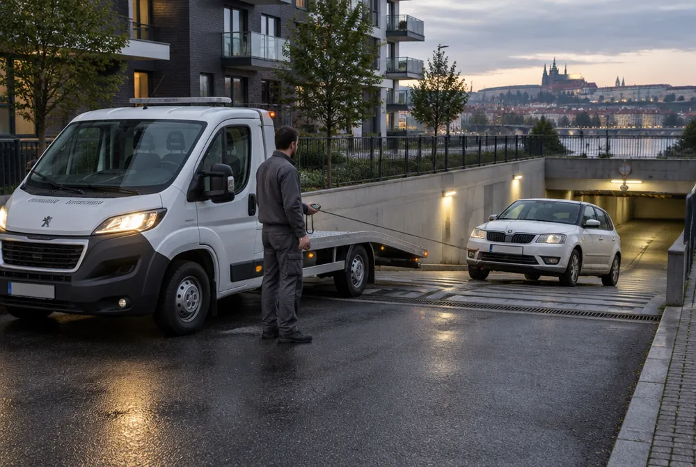 Naviják odtahovky vytahuje Škodu Fabii z podzemní garáže novostavby v Holešovicích