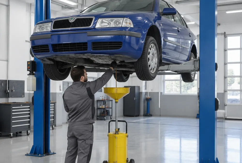 Technik vypouští olej ze spodu převodovky Škody Octavie na zvedáku do sběrné nádoby