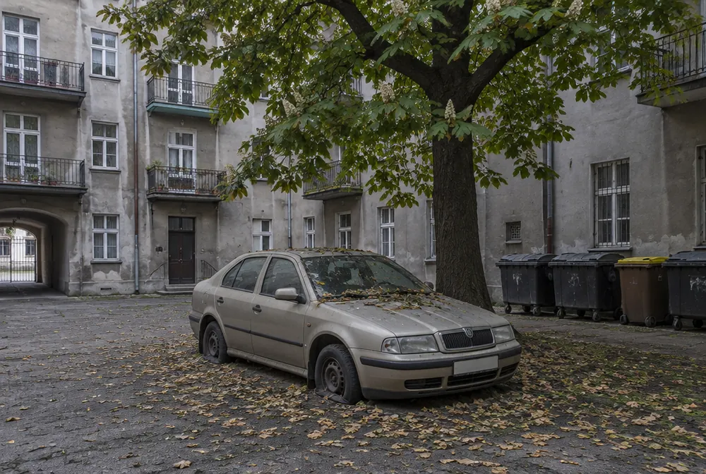 Opuštěná Škoda Octavia stojí pod kaštanem ve dvoře činžovního domu na Letné